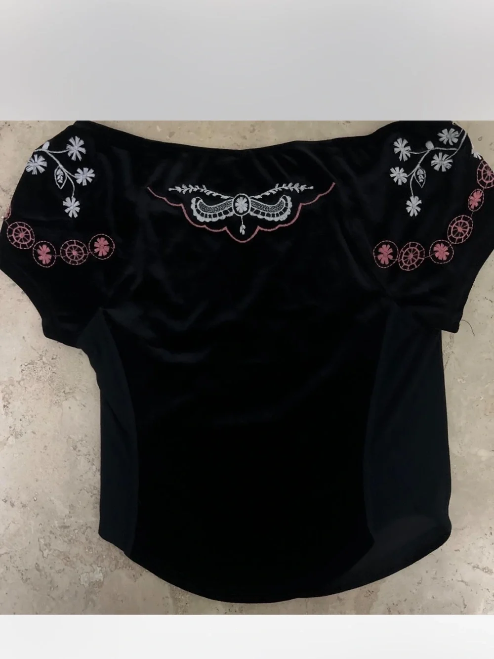 Free People Black Velvet Embroidered Short Sleeve Top